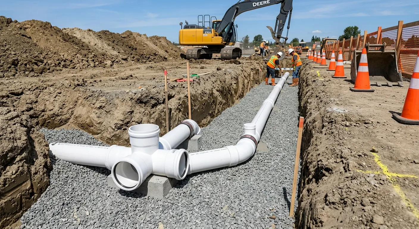 New PVC sewer pipe installation in open trench for Commercial Drain Cleaning in Georgetown
